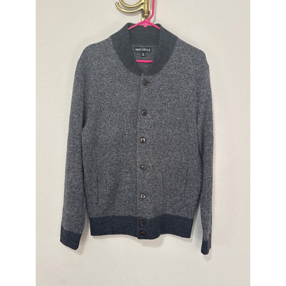 J. Crew Cardigan Mens M Gray 100% Lambswool Button Front Mock Neck Sweater